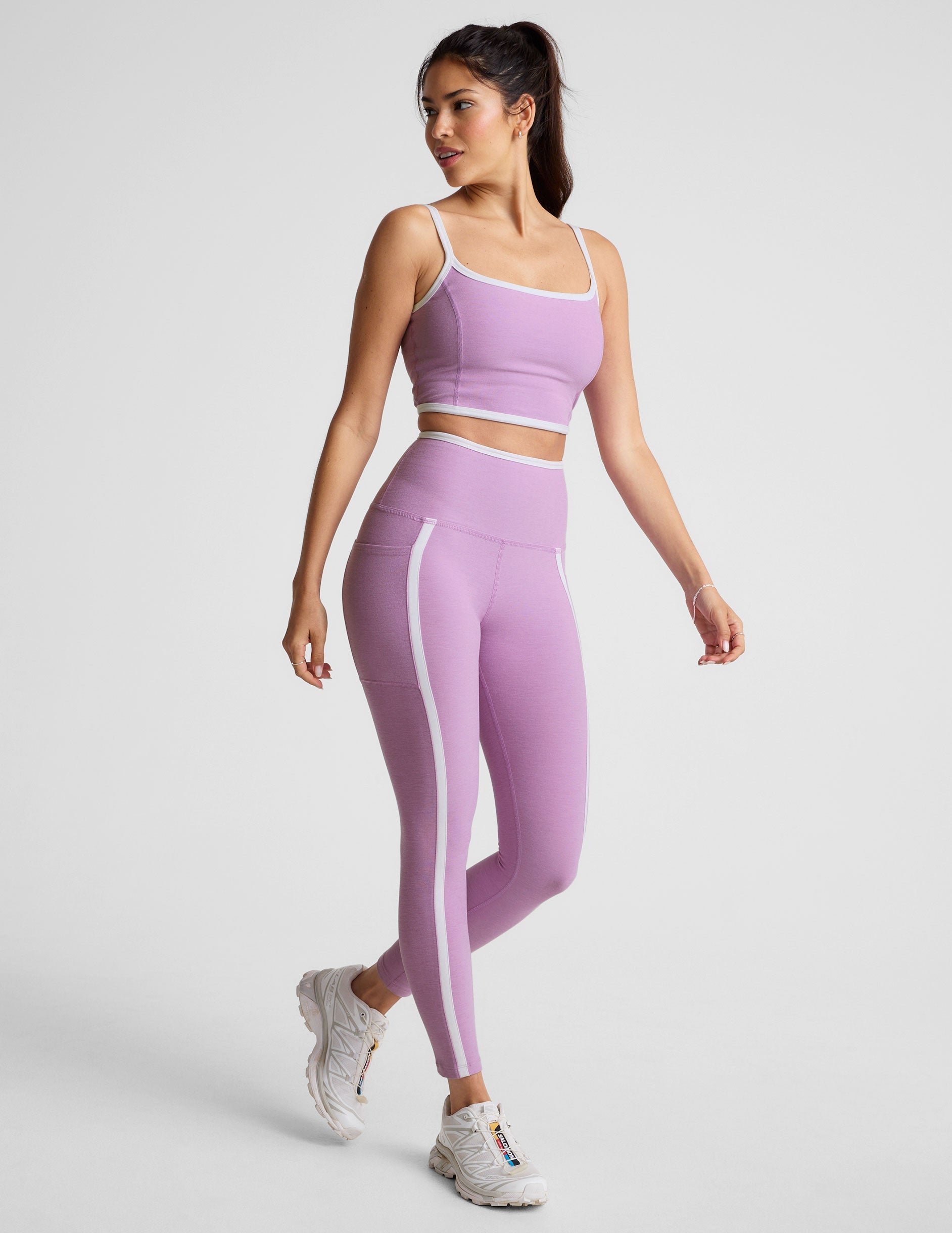 Spacedye Lilac Petal High-Waisted Midi Legging with Pockets and Contrast Piping