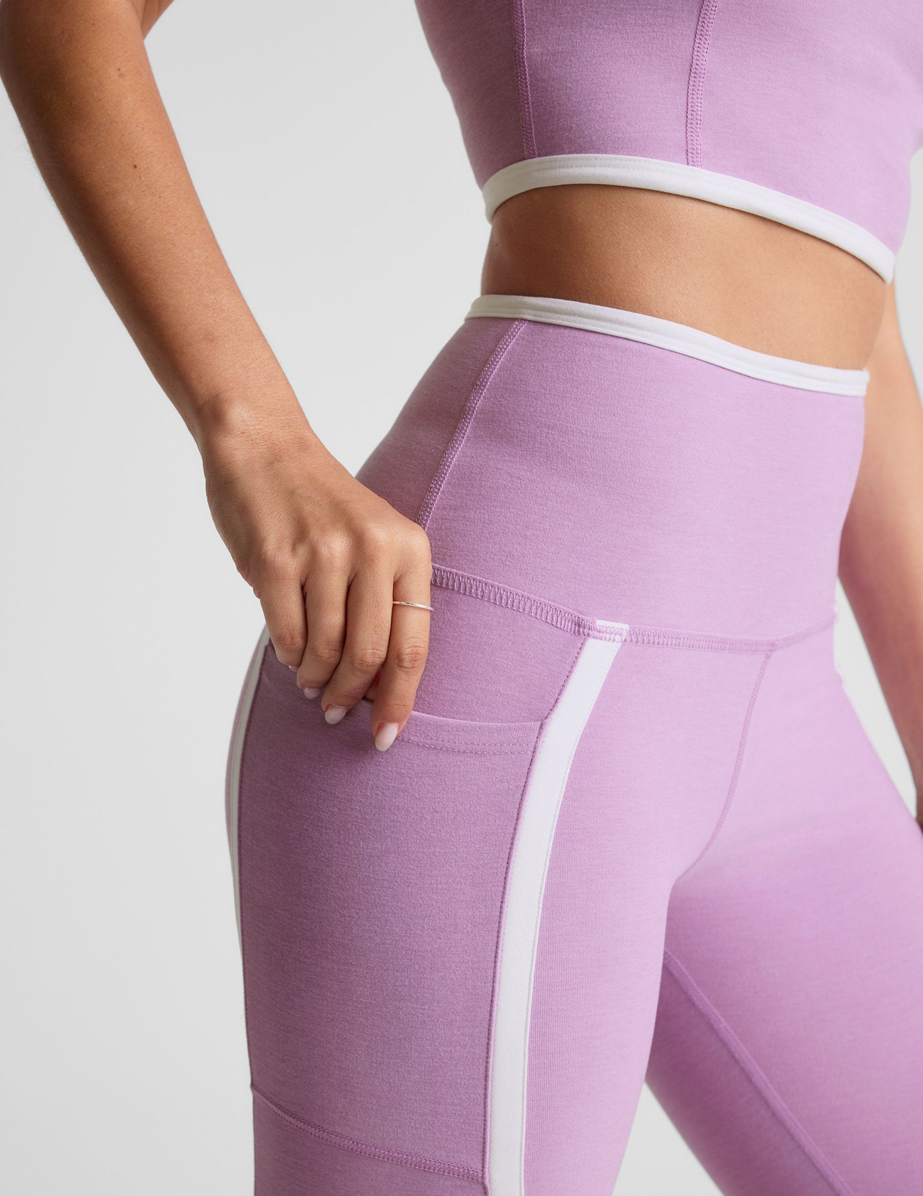 Spacedye Lilac Petal High-Waisted Midi Legging with Pockets and Contrast Piping