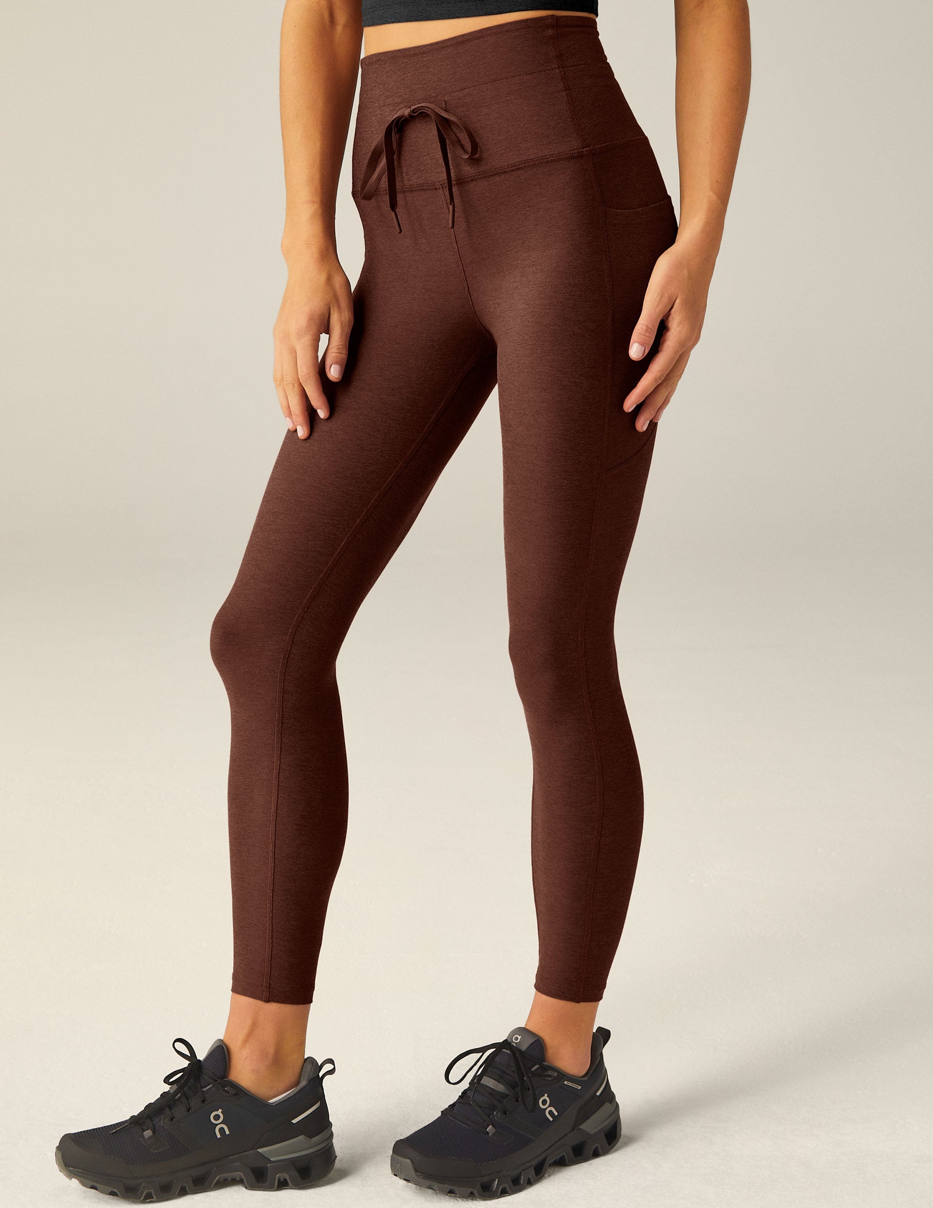 Chocolate Heather Spacedye Midi Leggings: High-Waist, Drawstring, Side Pockets