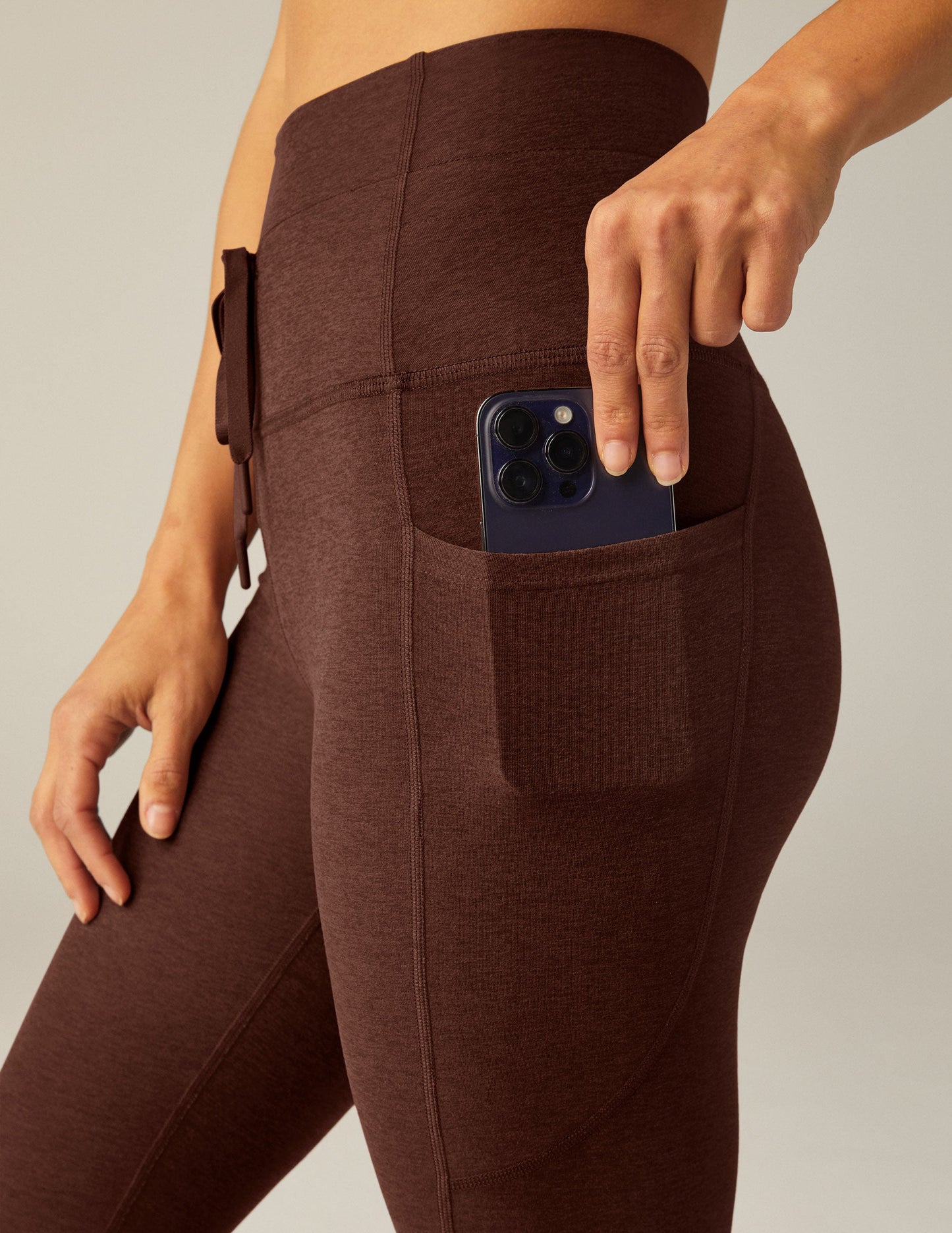 Chocolate Heather Spacedye Midi Leggings: High-Waist, Drawstring, Side Pockets