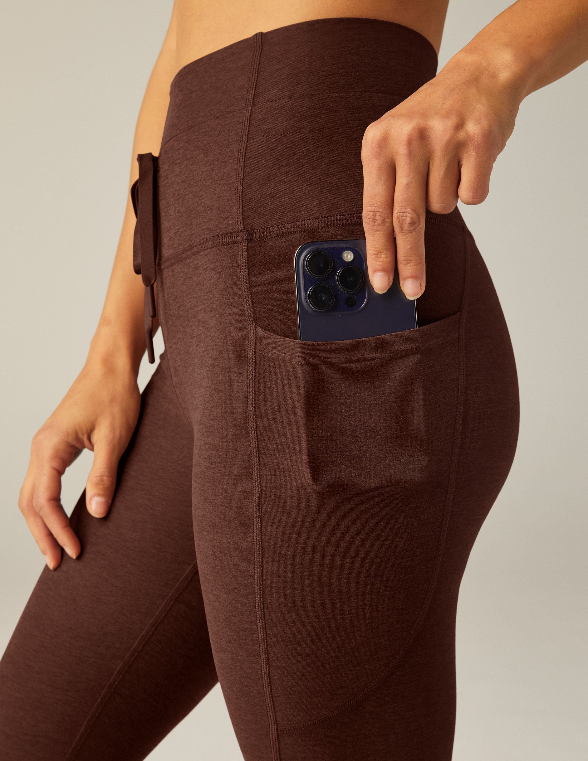 Chocolate Heather Spacedye Midi Leggings: High-Waist, Drawstring, Side Pockets