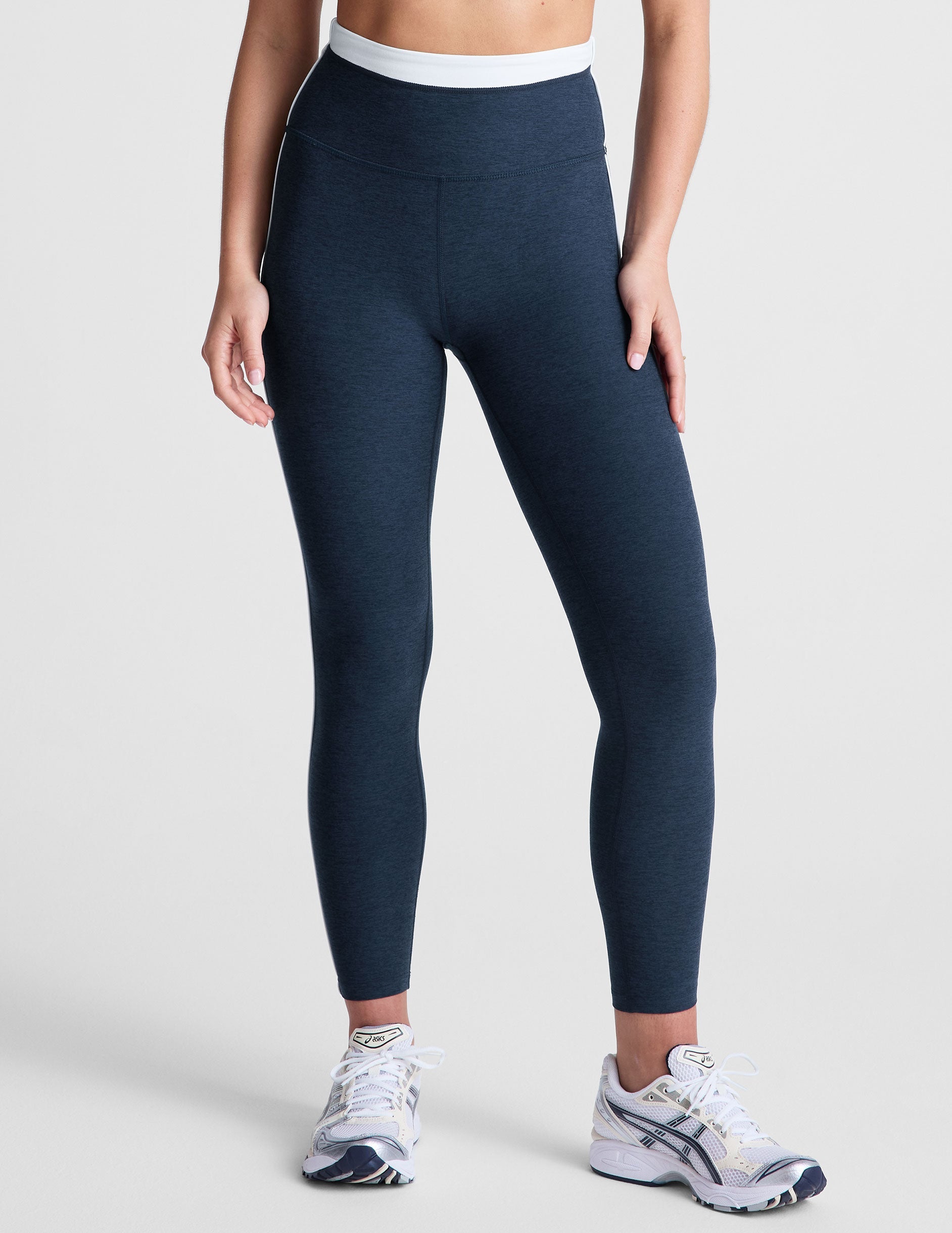 Spacedye Trophy High-Waisted Midi Legging: Navy Yoga Activewear with White Piping