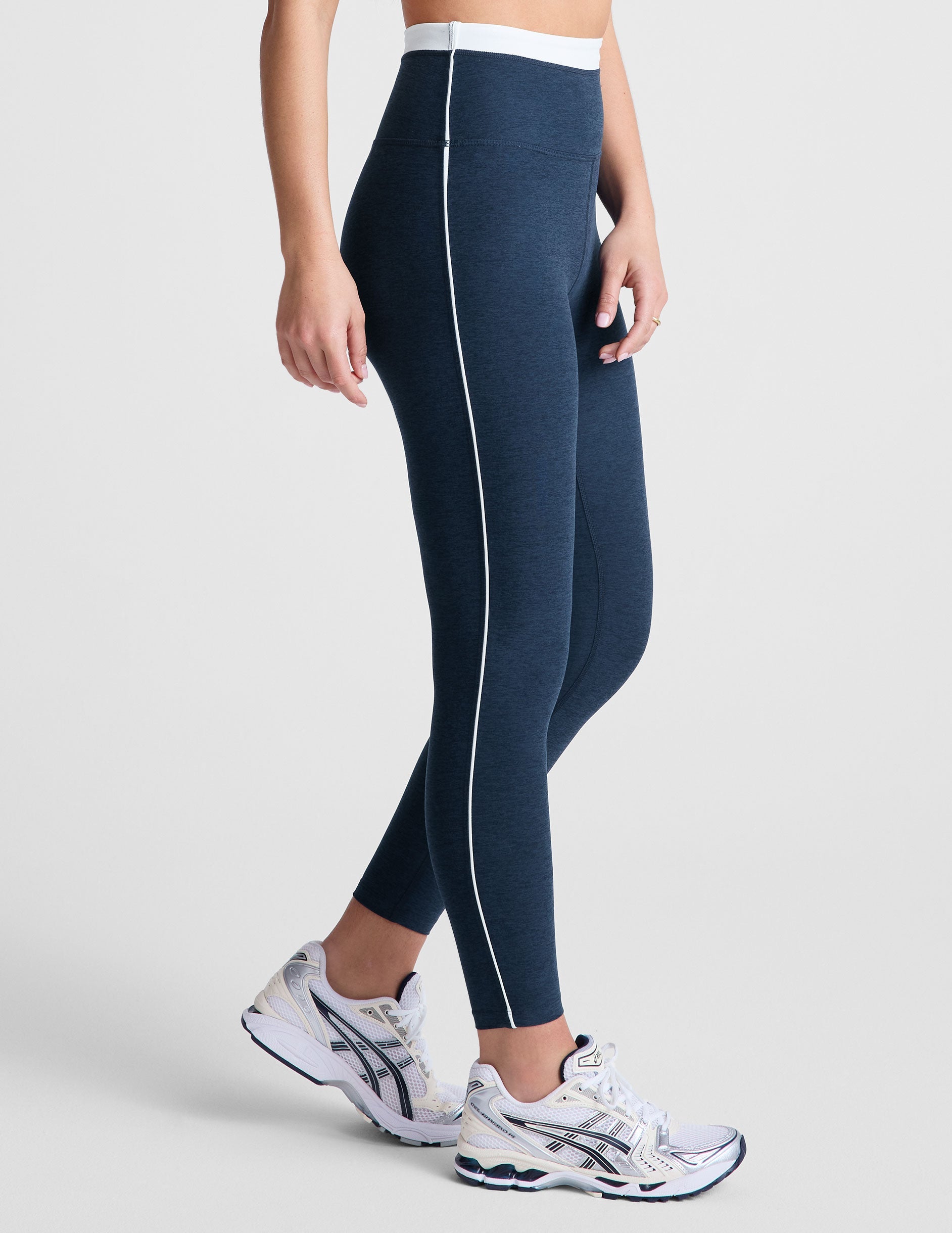 Spacedye Trophy High-Waisted Midi Legging: Navy Yoga Activewear with White Piping