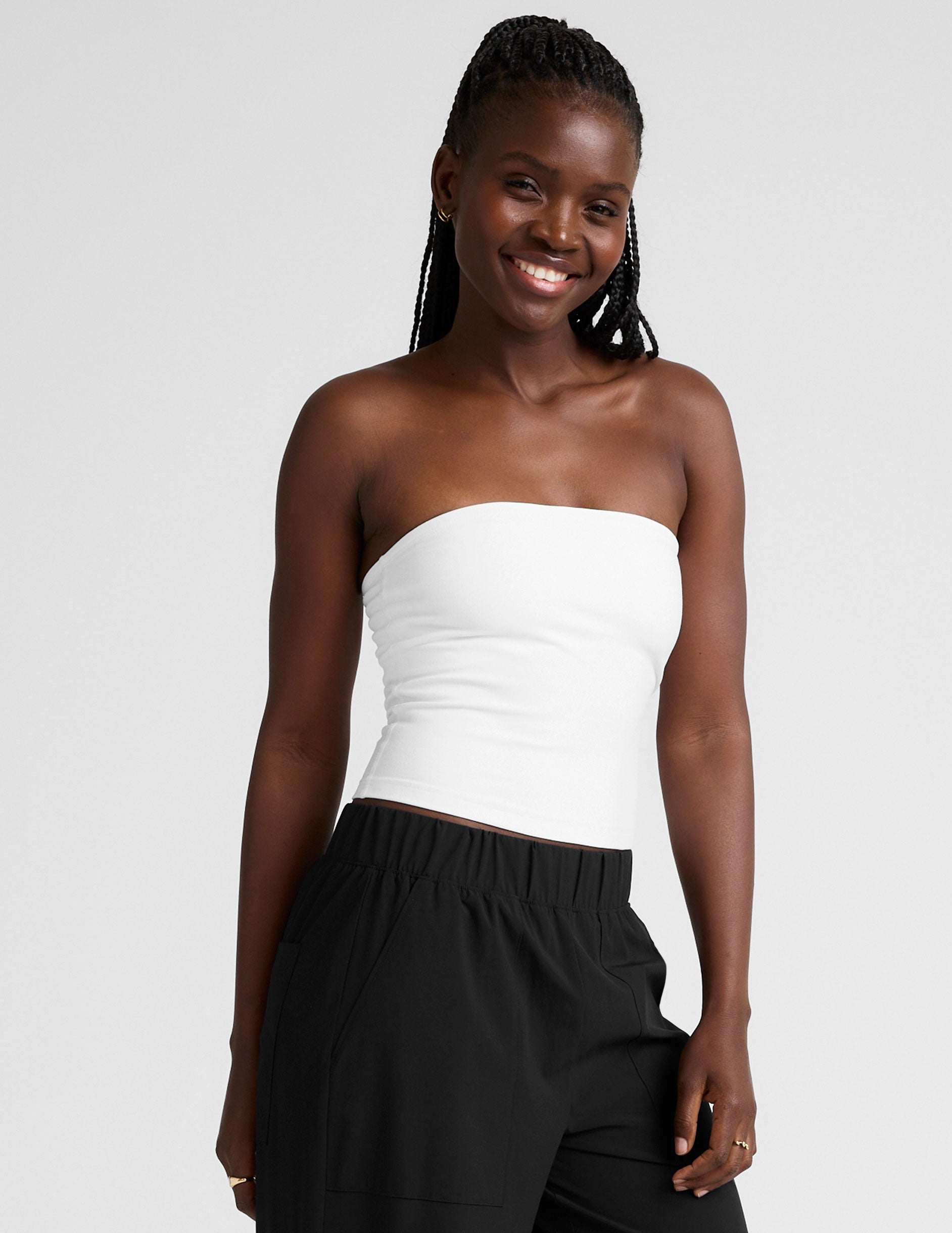 Ultra-Soft Spacedye Cloud White Strapless Tank Top with Built-in Bra