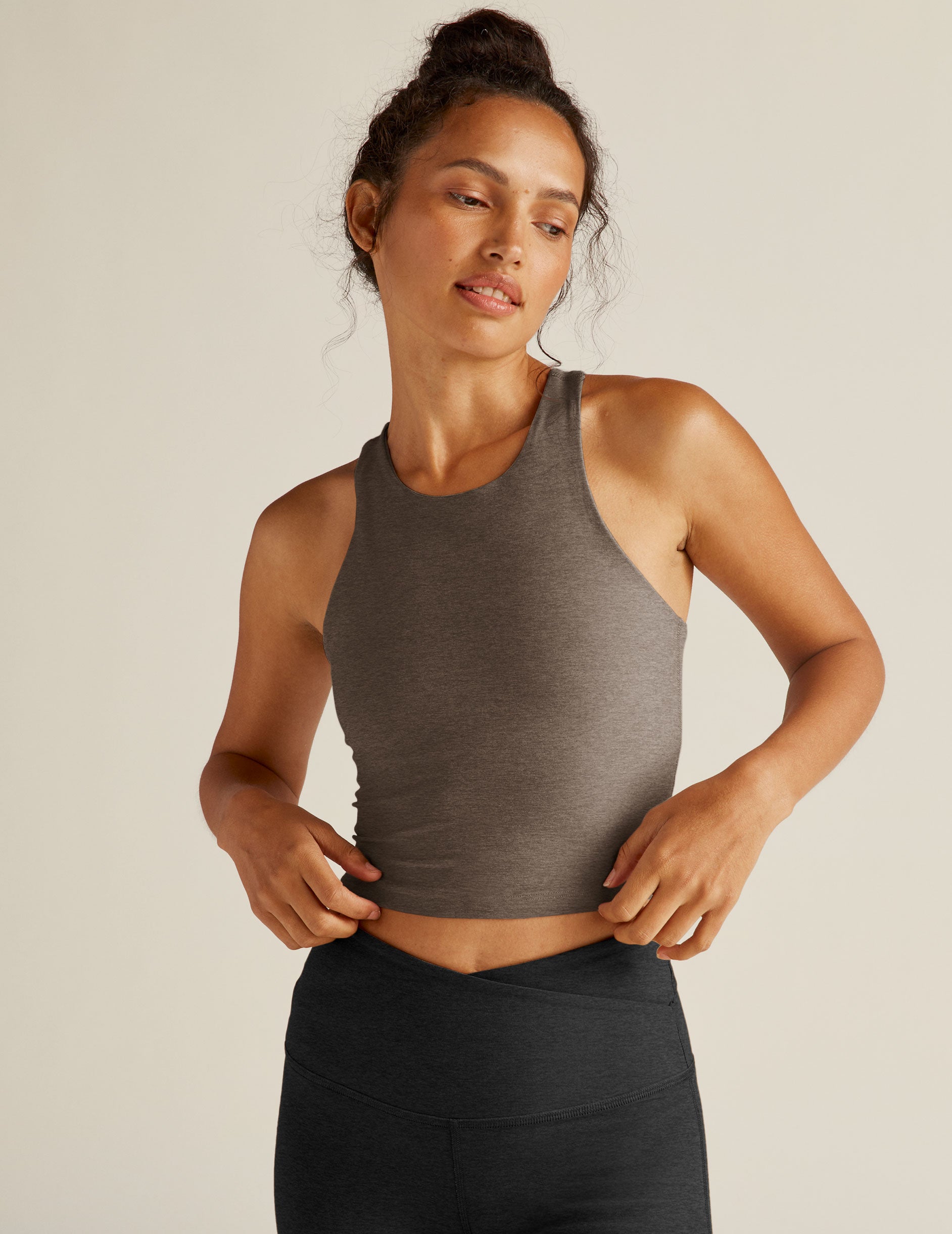 Soft Spacedye Cropped Tank: High-Neck Racerback Design with Built-In Bra