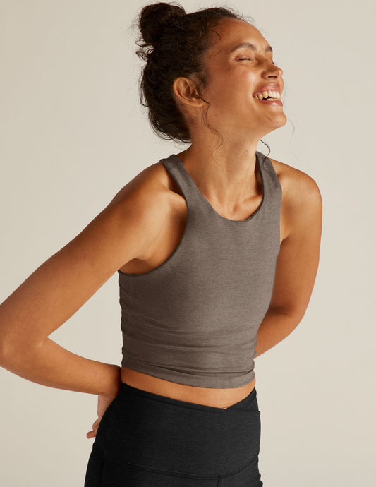 Soft Spacedye Cropped Tank: High-Neck Racerback Design with Built-In Bra