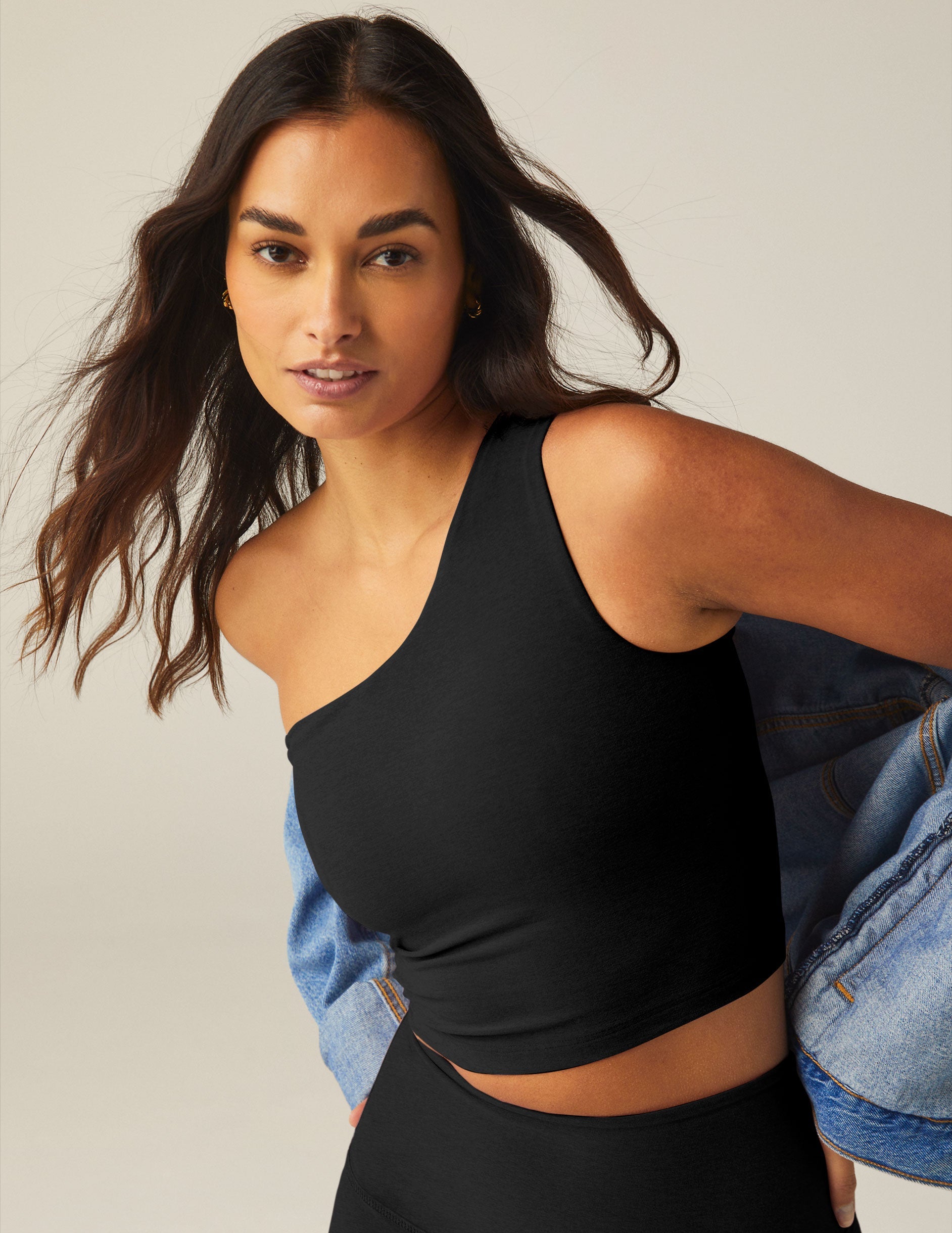 Spacedye Bold Shoulder Cropped Tank: Asymmetric Support, Back Cut-Out, Built-in Bra