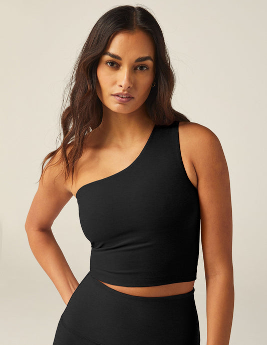 Spacedye Bold Shoulder Cropped Tank: Asymmetric Support, Back Cut-Out, Built-in Bra