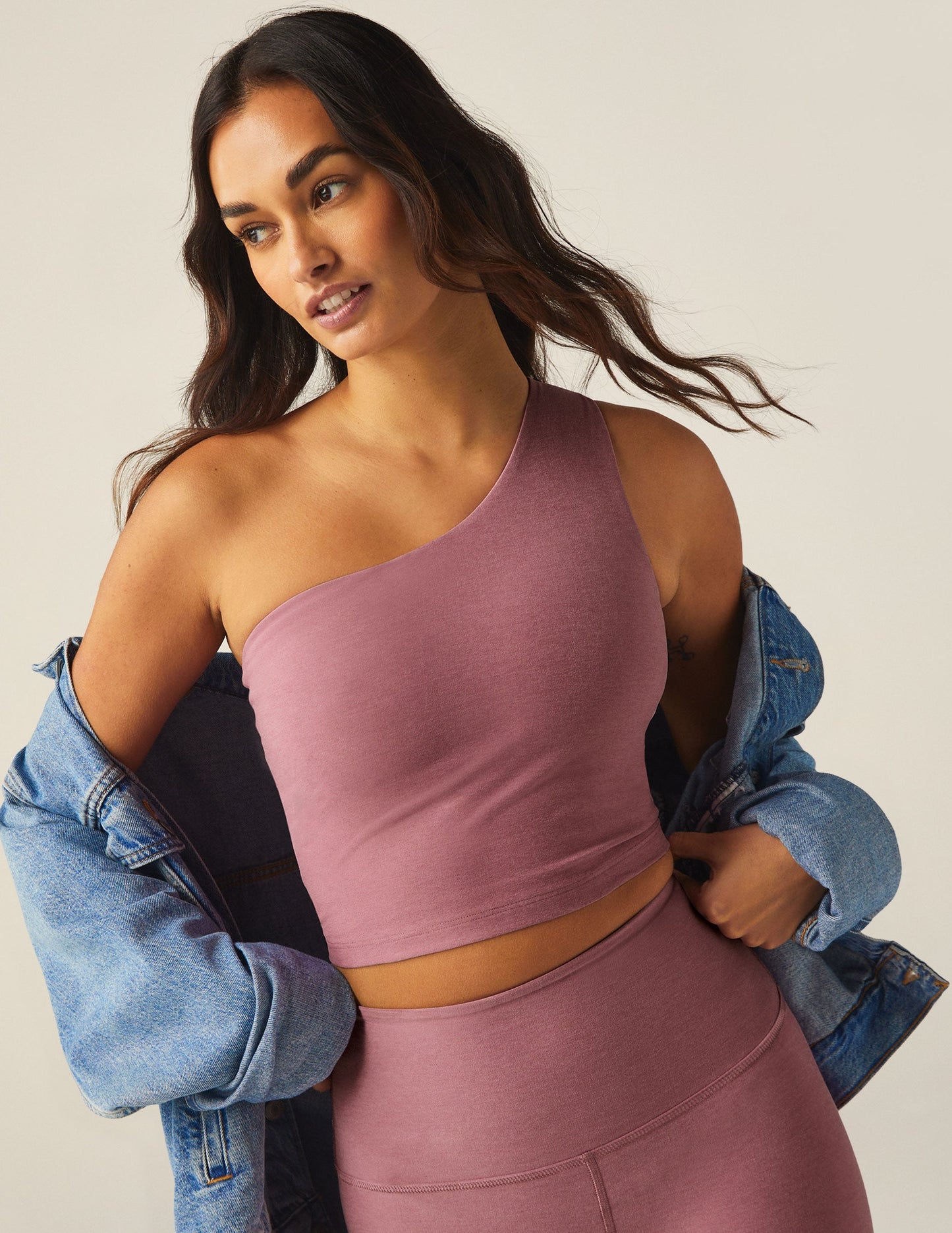 Beyond Yoga Spacedye Cropped One-Shoulder Tank with Built-in Bra