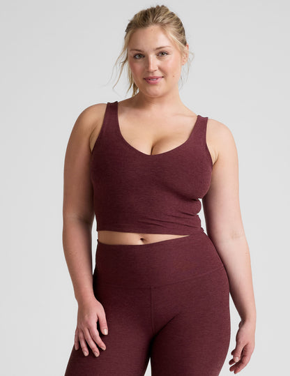 Luxurious Spacedye Cropped Tank Top: Soft V-Neck, Built-in Bra, Burgundy Heather