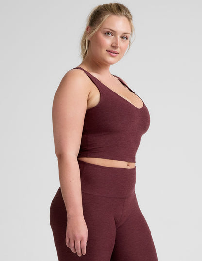 Luxurious Spacedye Cropped Tank Top: Soft V-Neck, Built-in Bra, Burgundy Heather