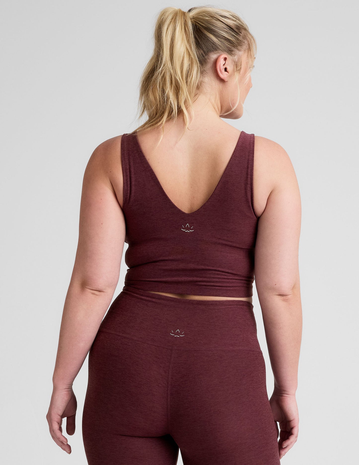 Luxurious Spacedye Cropped Tank Top: Soft V-Neck, Built-in Bra, Burgundy Heather