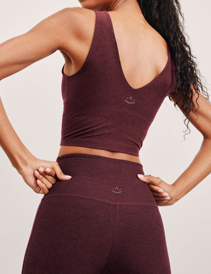 Luxurious Spacedye Cropped Tank Top: Soft V-Neck, Built-in Bra, Burgundy Heather