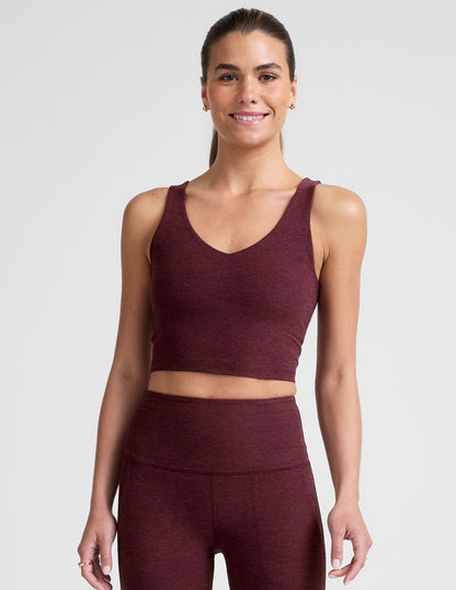 Luxurious Spacedye Cropped Tank Top: Soft V-Neck, Built-in Bra, Burgundy Heather
