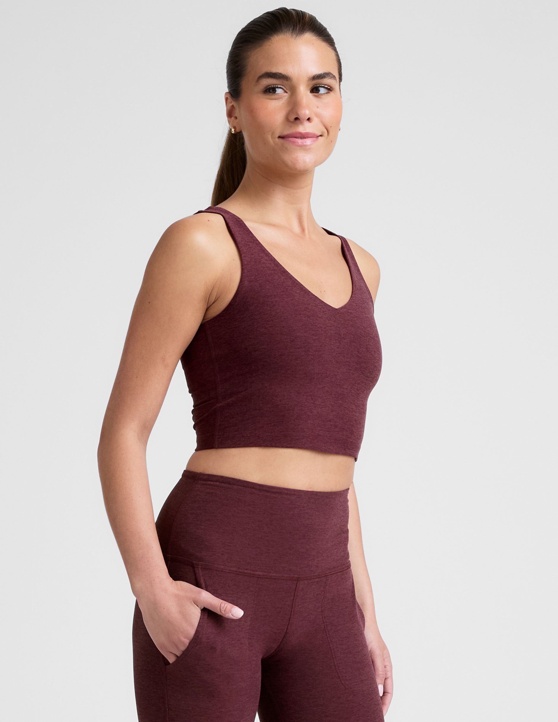 Luxurious Spacedye Cropped Tank Top: Soft V-Neck, Built-in Bra, Burgundy Heather