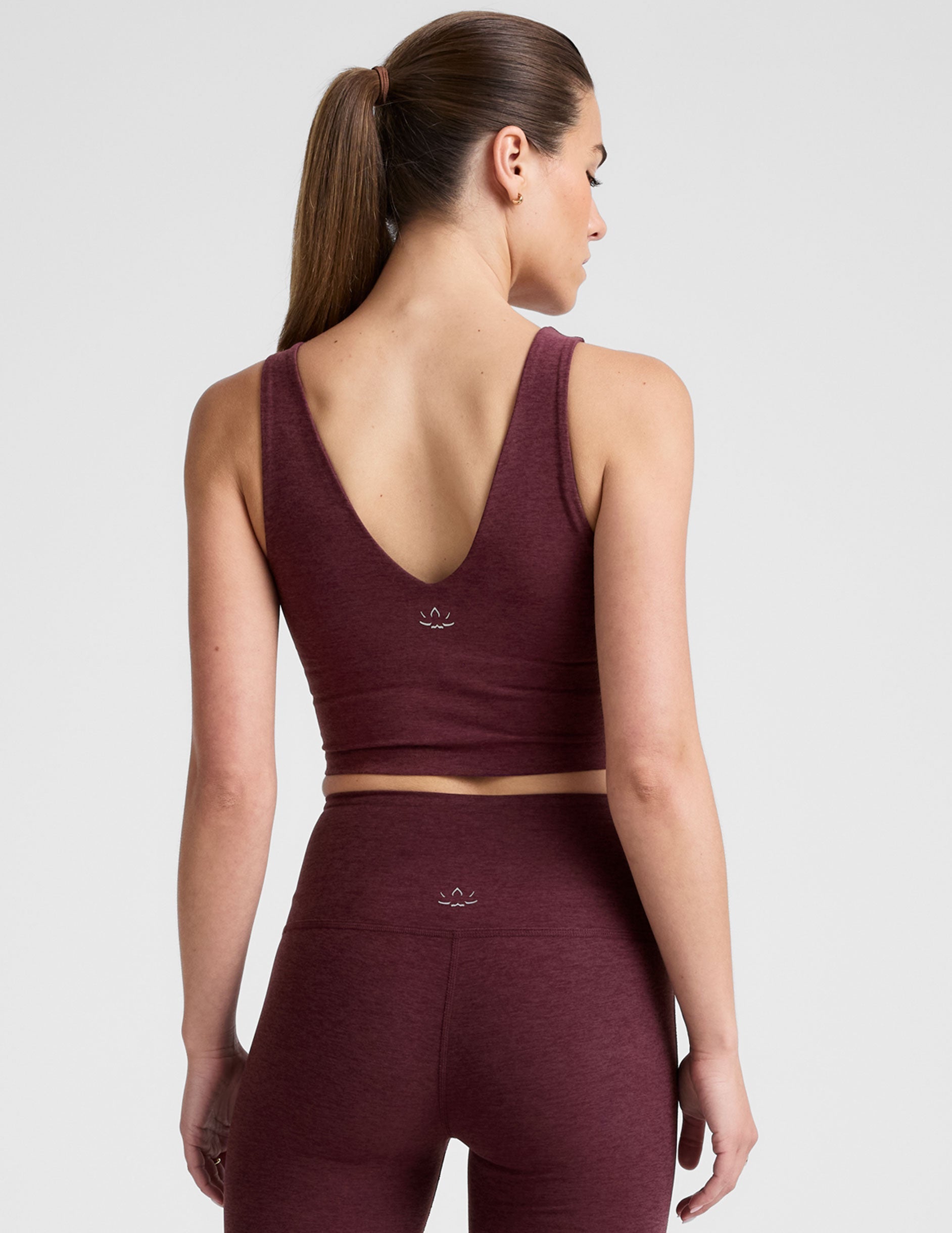 Luxurious Spacedye Cropped Tank Top: Soft V-Neck, Built-in Bra, Burgundy Heather