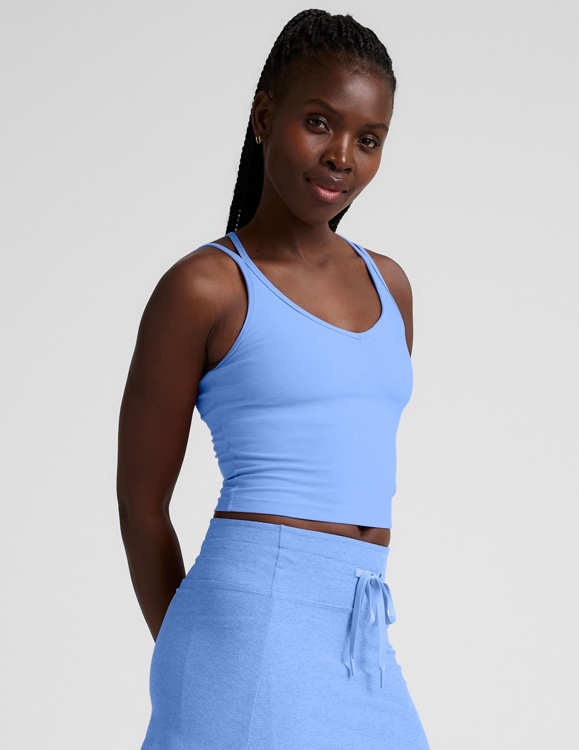 Spacedye V-Neck Tank: Built-in Bra, Criss-Cross Back, Flattering Fit