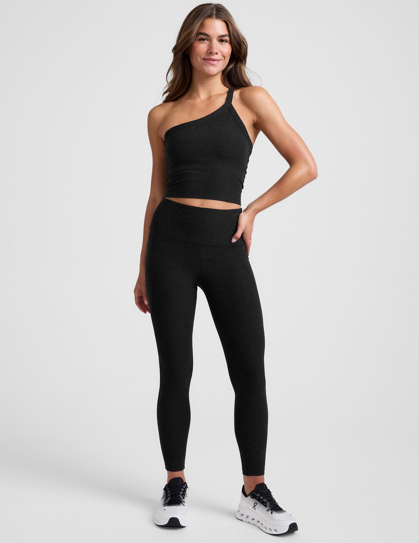 Ultra-Soft Spacedye One Shoulder Cropped Tank with Built-In Shelf Bra