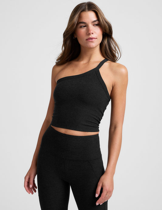 Ultra-Soft Spacedye One Shoulder Cropped Tank with Built-In Shelf Bra