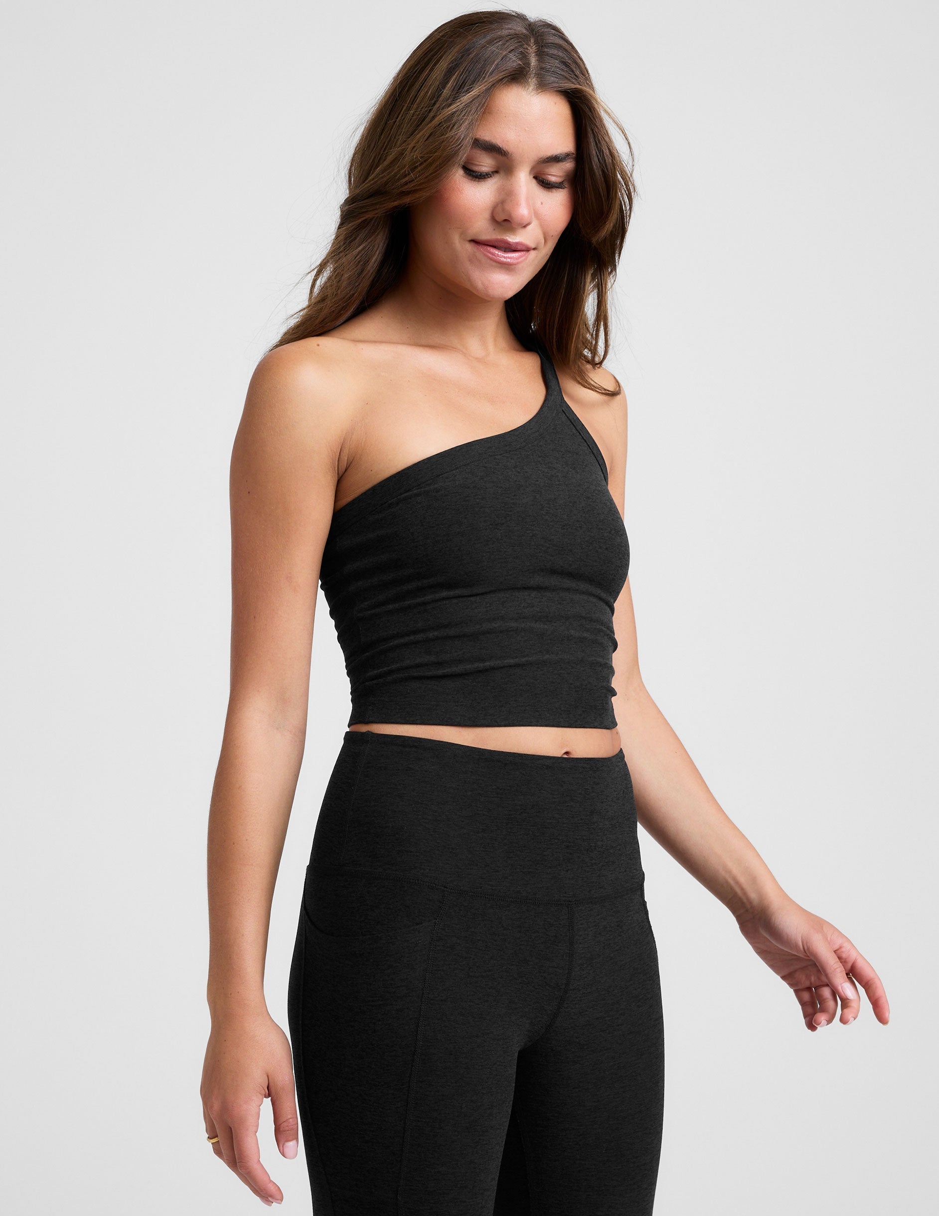 Ultra-Soft Spacedye One Shoulder Cropped Tank with Built-In Shelf Bra