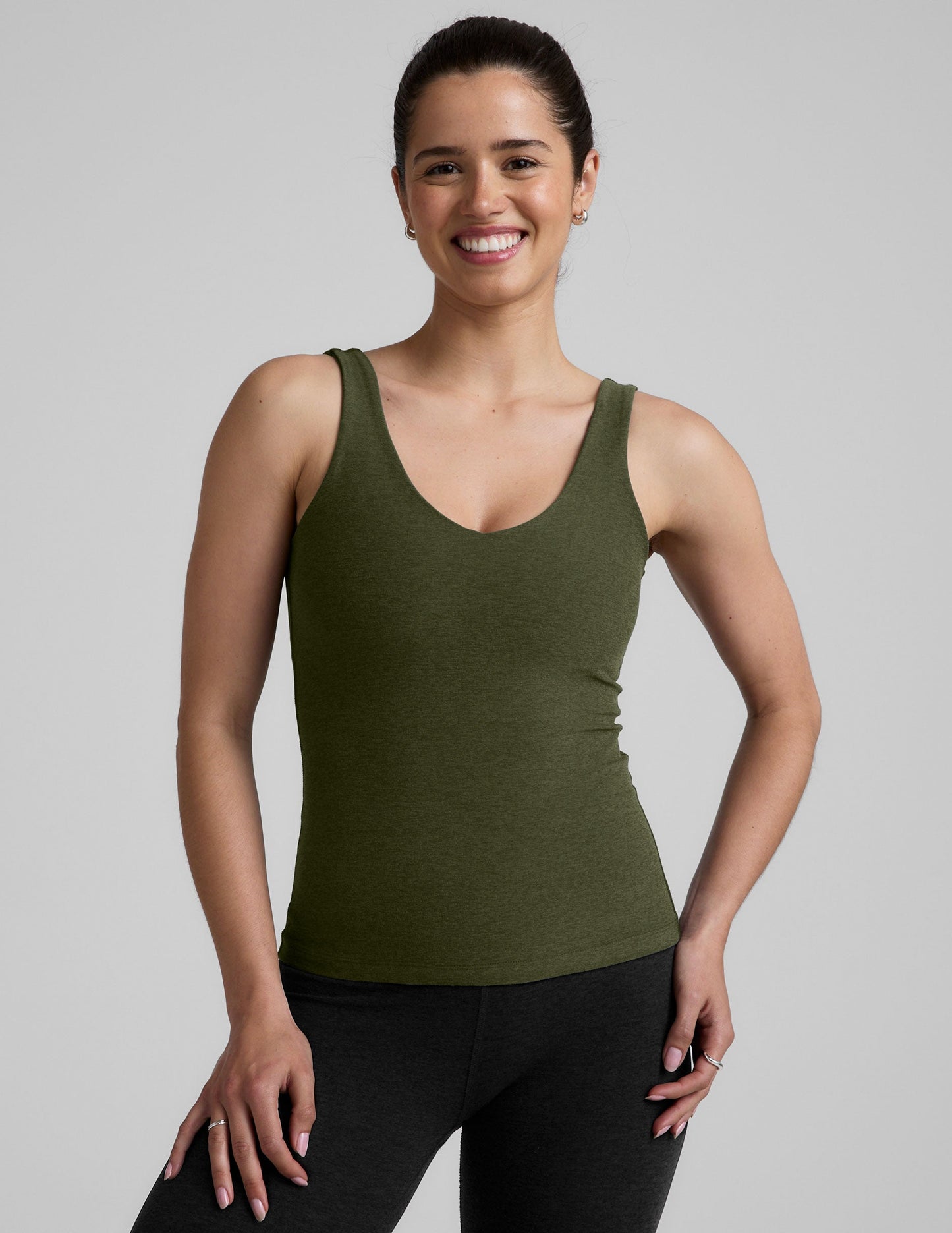Soft Spacedye Deep V-Neck Longline Tank Top with Built-in Bra Support