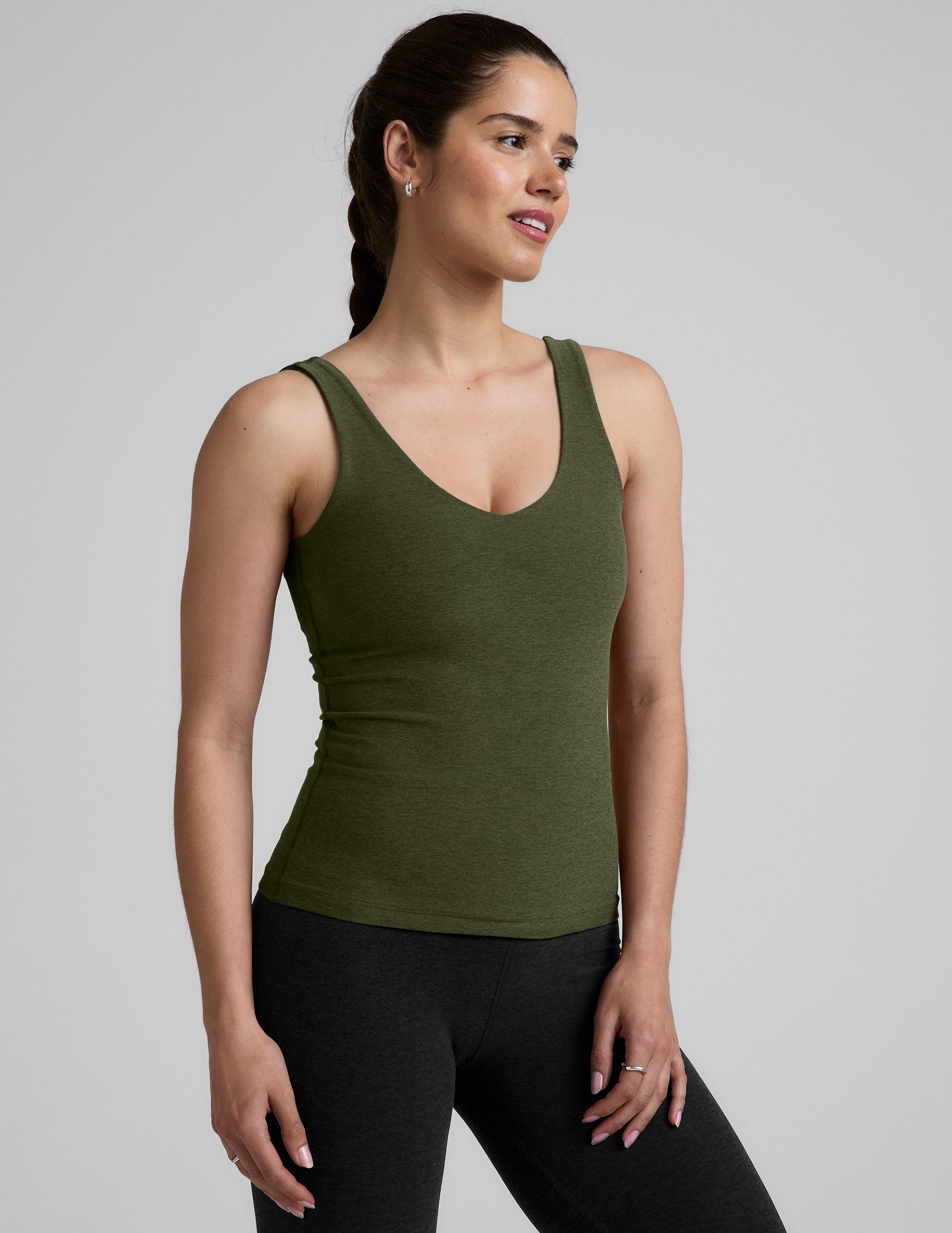 Soft Spacedye Deep V-Neck Longline Tank Top with Built-in Bra Support