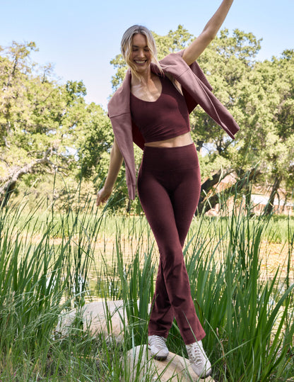 Luxurious Spacedye Cropped Tank Top: Soft V-Neck, Built-in Bra, Burgundy Heather