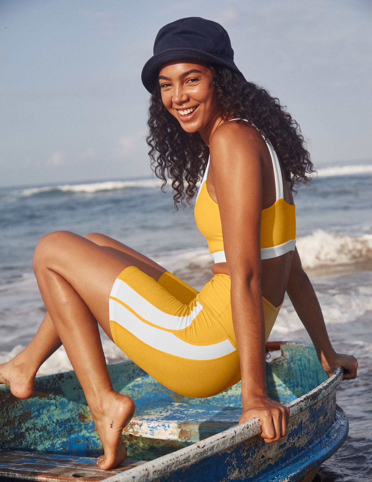 Beyond Yoga Spacedye High-Waisted Biker Shorts: Sunflower Heather, Cloud White Trim