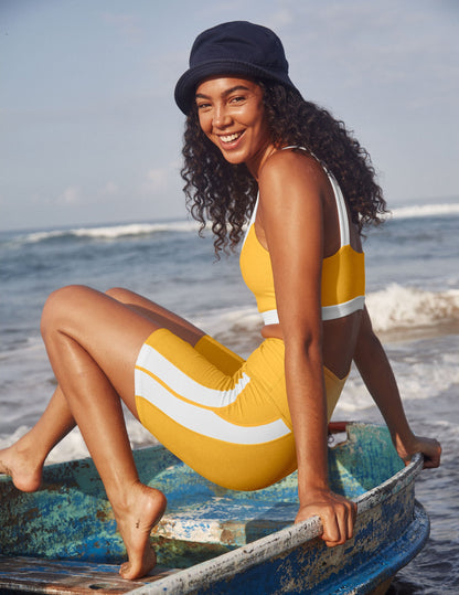Beyond Yoga Spacedye High-Waisted Biker Shorts: Sunflower Heather, Cloud White Trim
