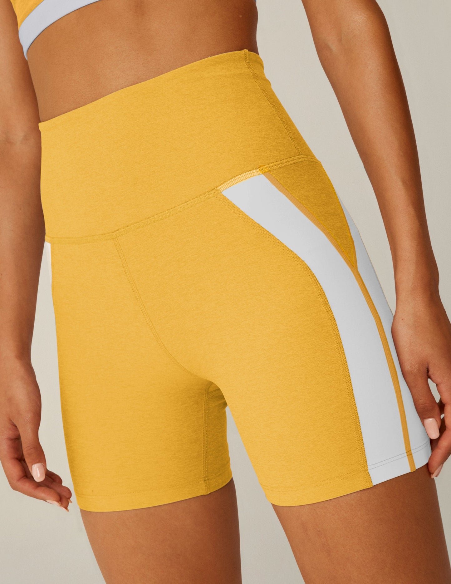 Beyond Yoga Spacedye High-Waisted Biker Shorts: Sunflower Heather, Cloud White Trim