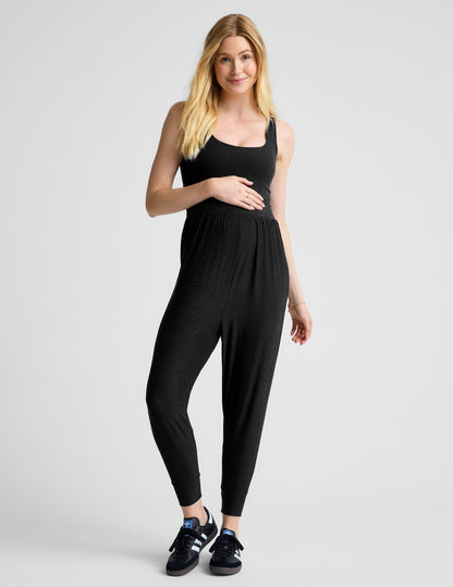 Featherweight Spacedye Maternity Jumpsuit: Ultimate Comfort, Pockets, Black, Grow-In Style