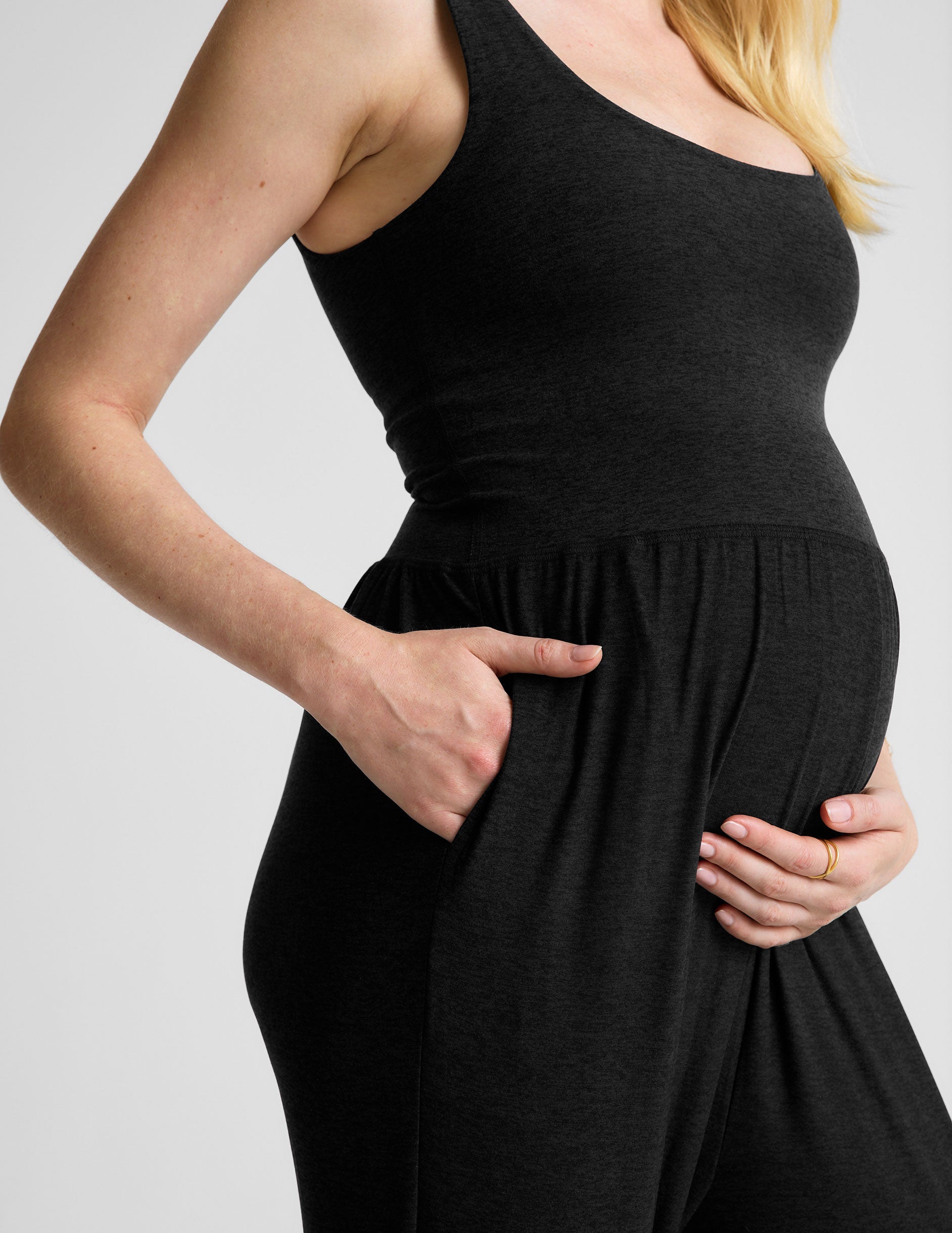 Featherweight Spacedye Maternity Jumpsuit: Ultimate Comfort, Pockets, Black, Grow-In Style