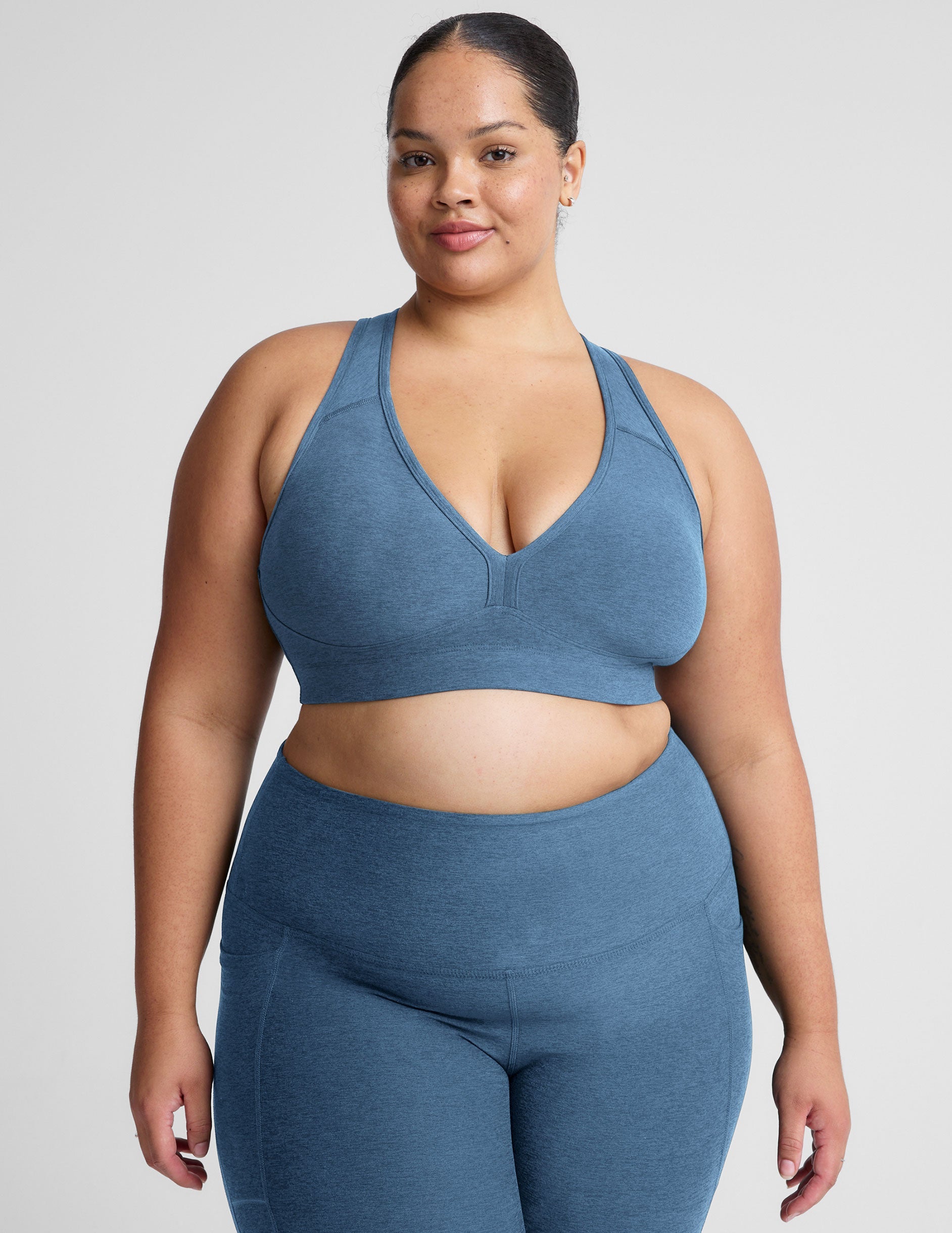 Beyond Yoga Washed Denim Spacedye V-Neck Racerback Sports Bra, Removable Pads
