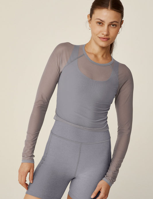 Sheer Mesh Long Sleeve Cropped Top for Activewear & Casual Layering