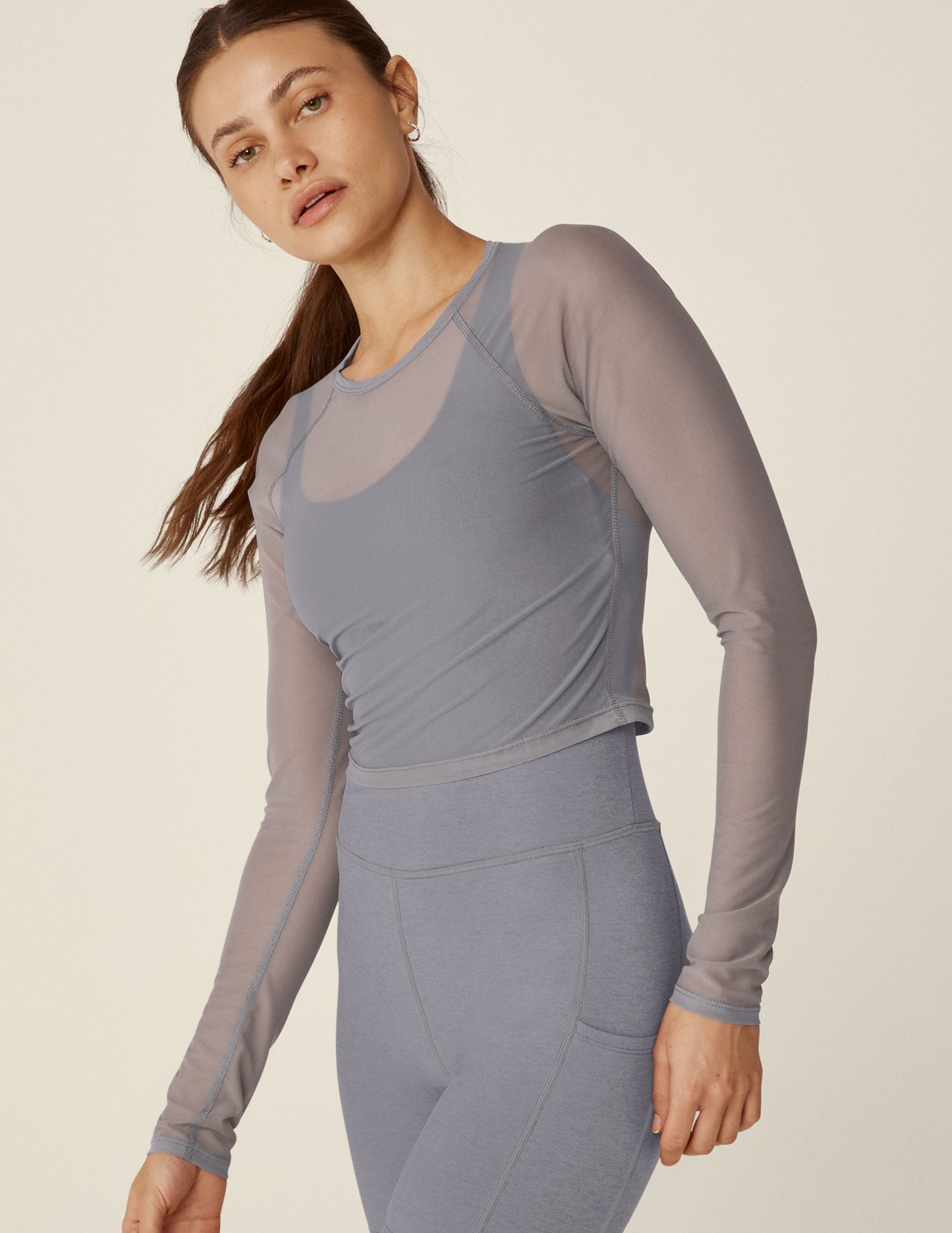 Sheer Mesh Long Sleeve Cropped Top for Activewear & Casual Layering