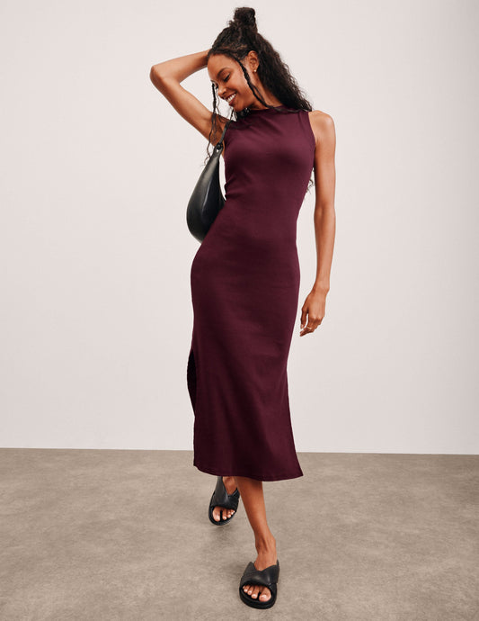 Elegant Ribbed Tank Midi Dress: High Neck, Side Slits, Effortless Style