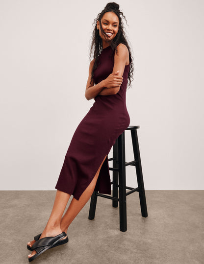 Elegant Ribbed Tank Midi Dress: High Neck, Side Slits, Effortless Style