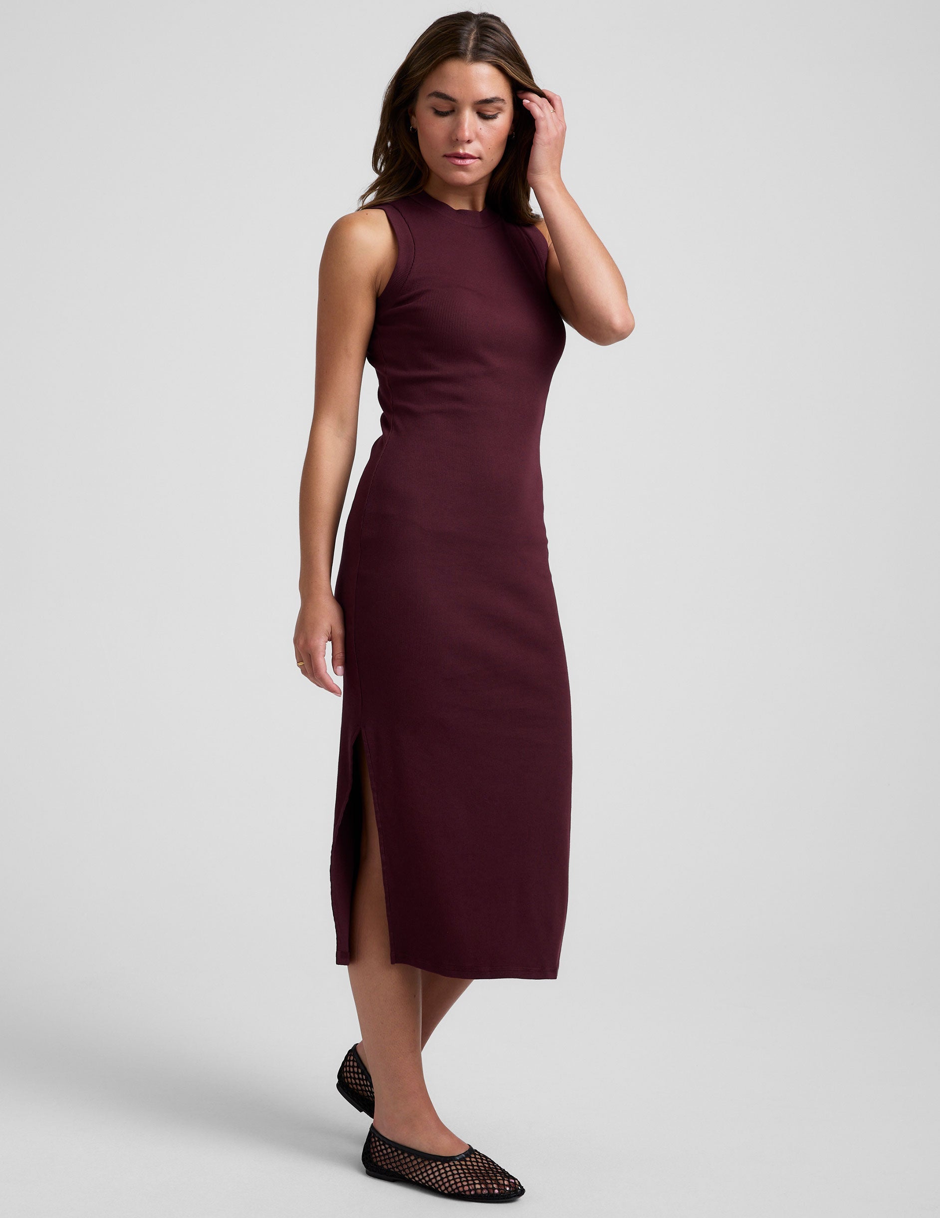 Elegant Ribbed Tank Midi Dress: High Neck, Side Slits, Effortless Style