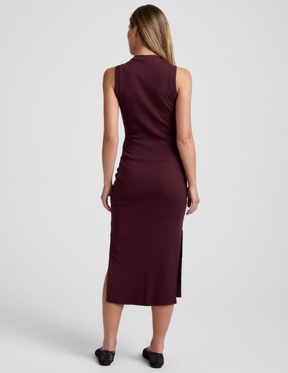 Elegant Ribbed Tank Midi Dress: High Neck, Side Slits, Effortless Style