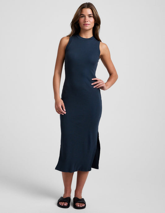 Versatile Ribbed Midi Tank Dress – Comfortable High Neck Sleeveless Navy Style