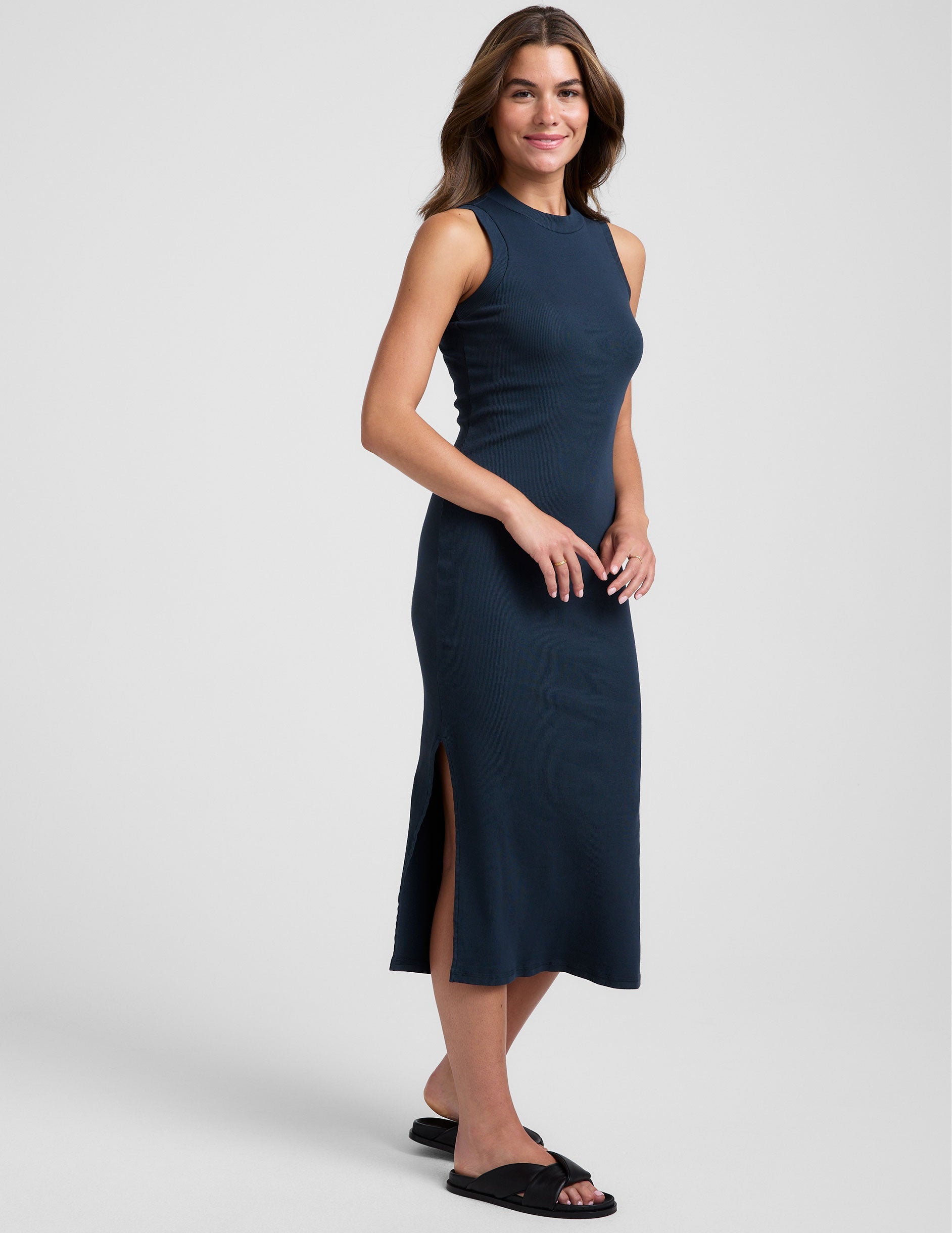 Versatile Ribbed Midi Tank Dress – Comfortable High Neck Sleeveless Navy Style