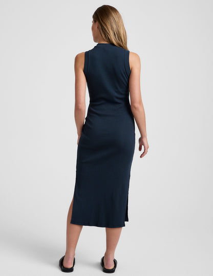 Versatile Ribbed Midi Tank Dress – Comfortable High Neck Sleeveless Navy Style