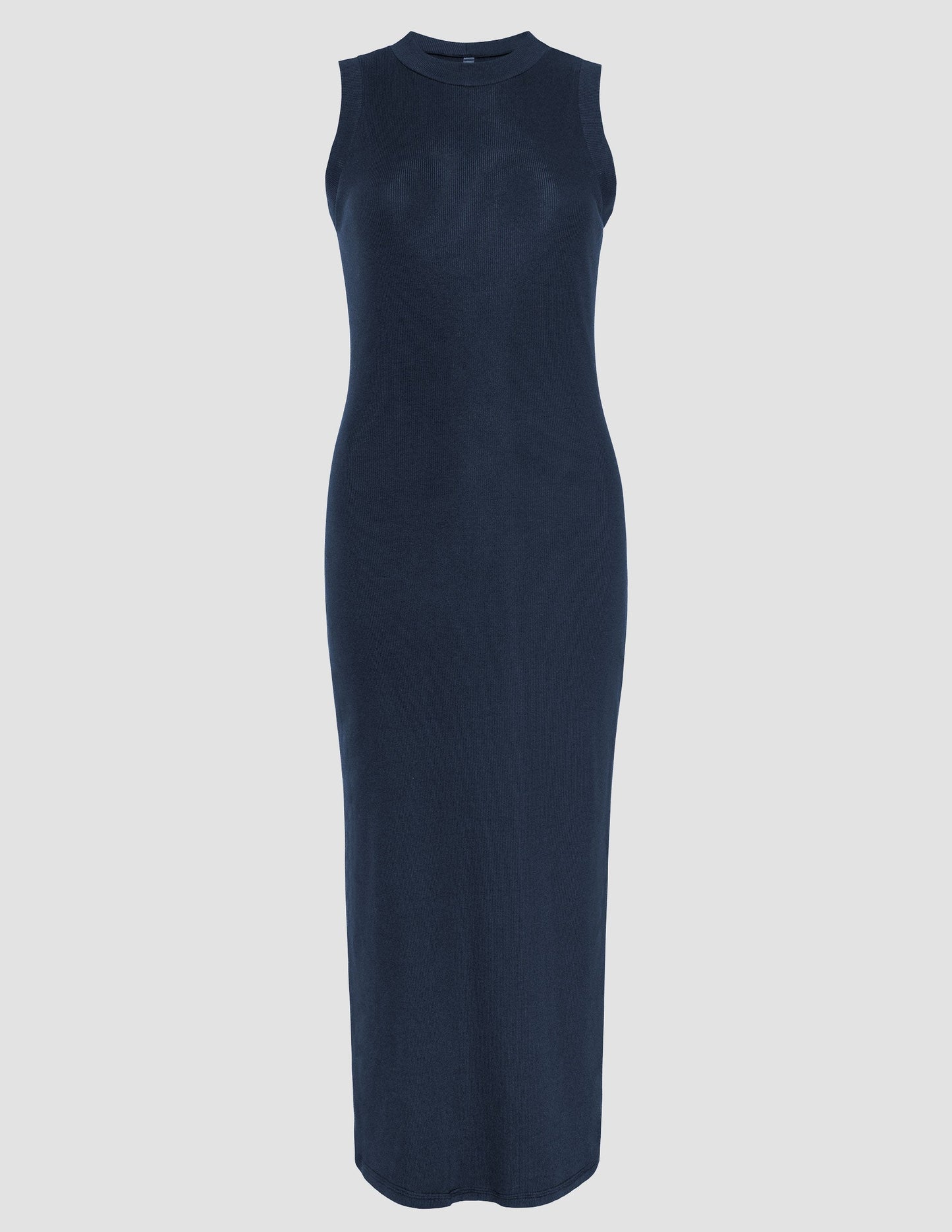 Versatile Ribbed Midi Tank Dress – Comfortable High Neck Sleeveless Navy Style