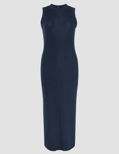 Versatile Ribbed Midi Tank Dress – Comfortable High Neck Sleeveless Navy Style