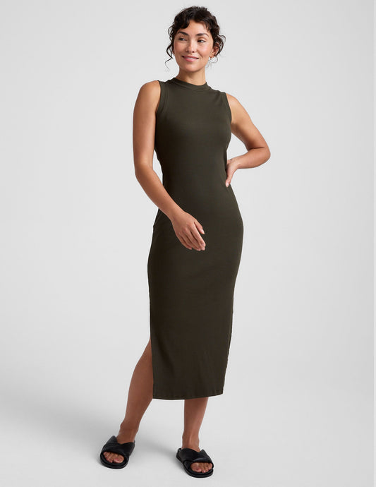 Premium Ribbed Olive Ink Midi Tank Dress High Neck Sleeveless Comfort Fit