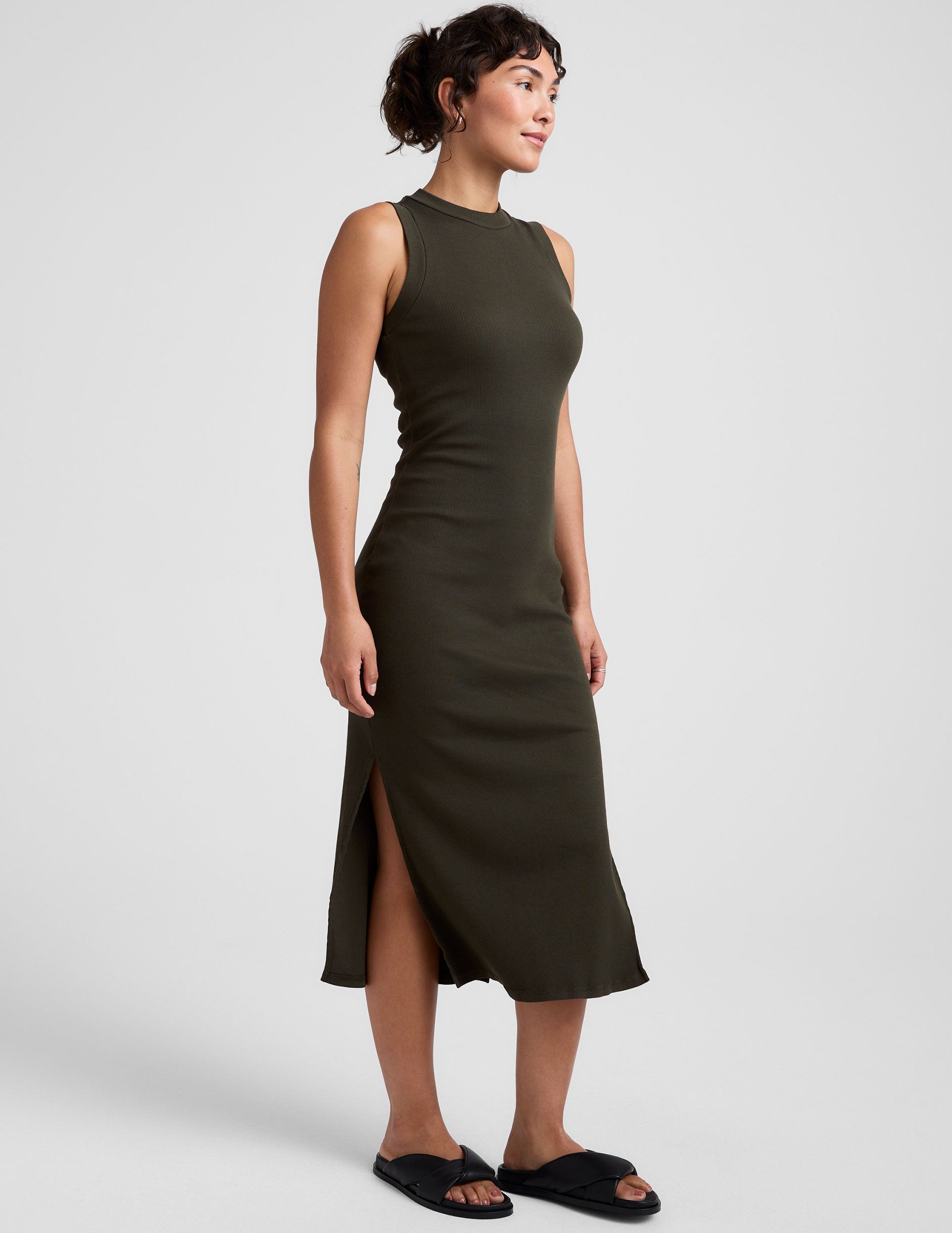 Premium Ribbed Olive Ink Midi Tank Dress High Neck Sleeveless Comfort Fit
