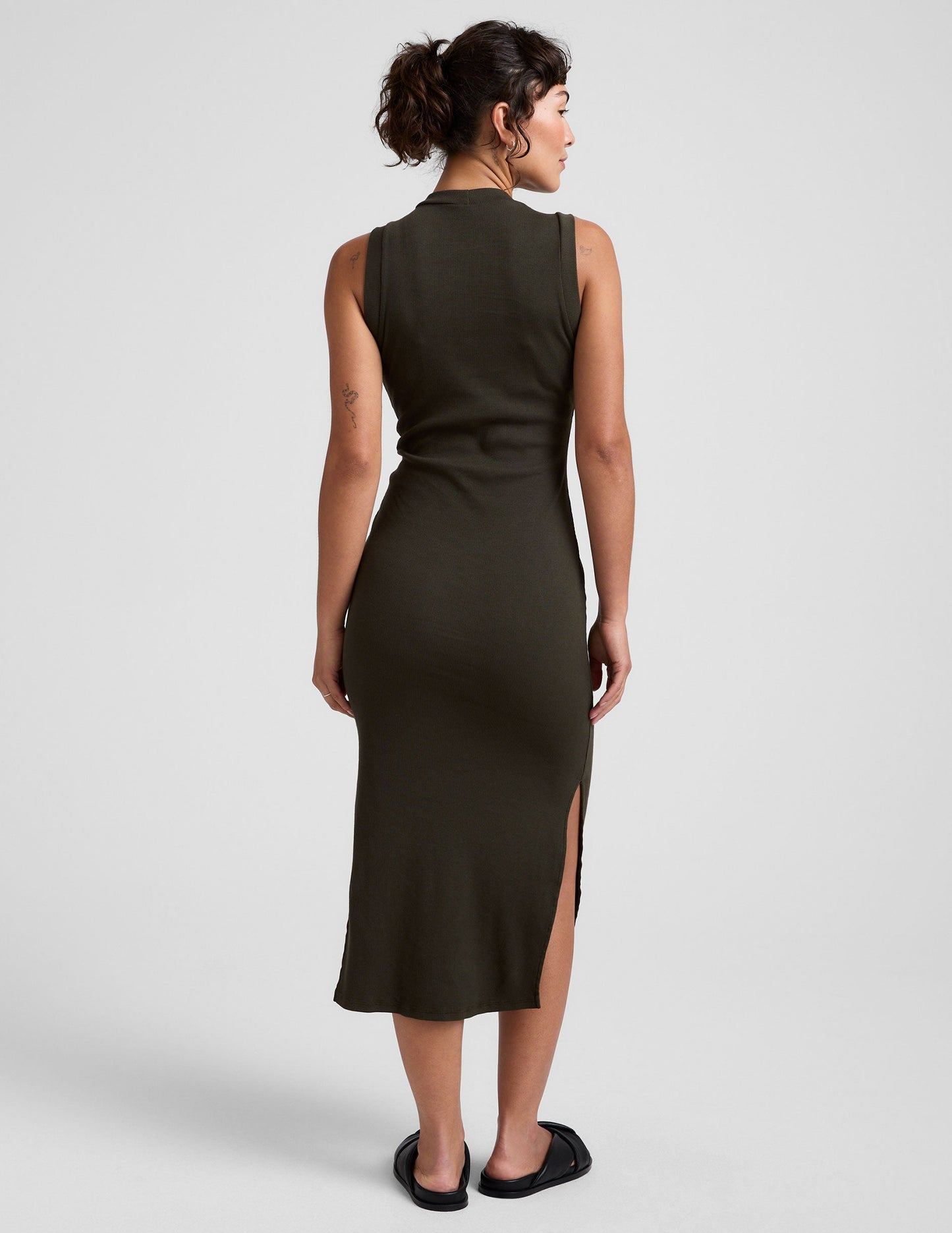 Premium Ribbed Olive Ink Midi Tank Dress High Neck Sleeveless Comfort Fit