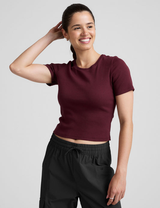 Dark Cherry Ribbed Cropped Baby Tee: Soft '90s Style Versatile Layering Top