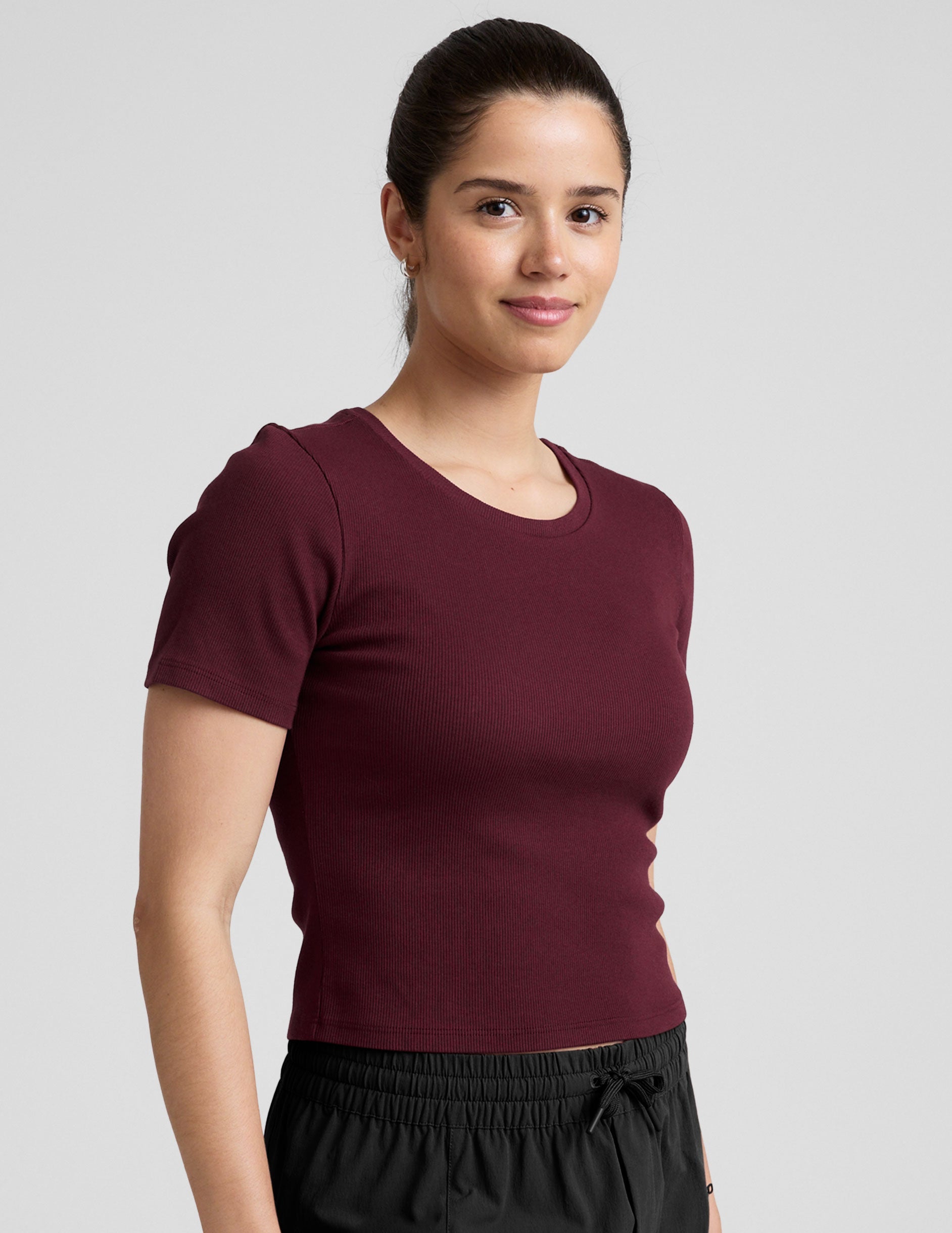 Dark Cherry Ribbed Cropped Baby Tee: Soft '90s Style Versatile Layering Top